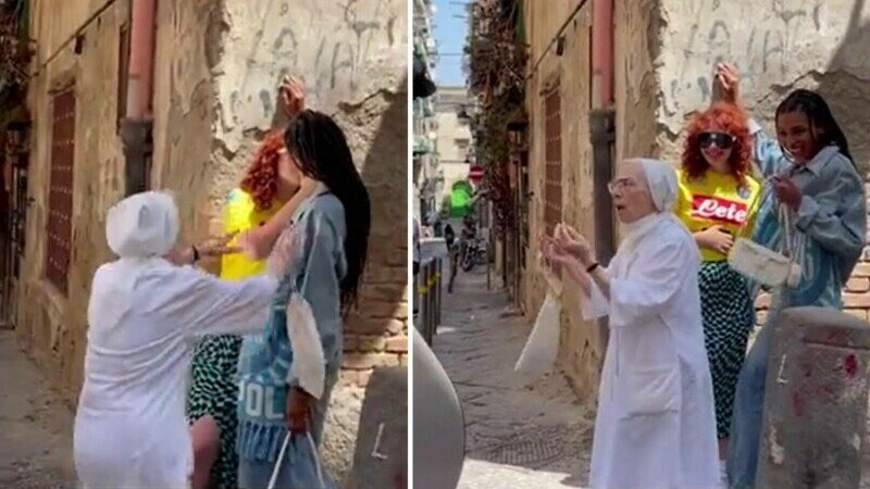 Reacția nervoasă a unei călugărițe când a văzut două modele care se sărutau pe stradă. VIDEO ➤ Buzzday.info
