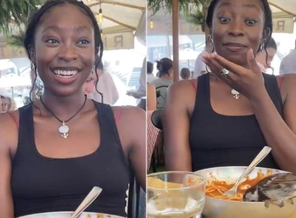 A bird that stole pasta from a woman’s plate has gained forty-one million views