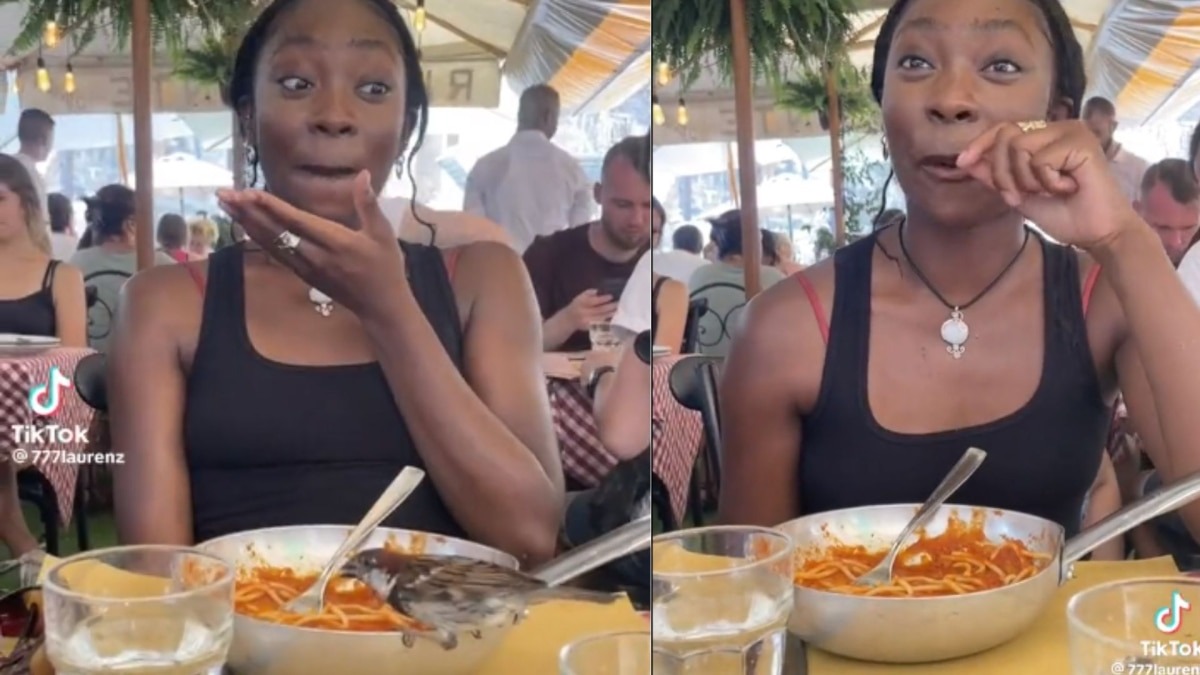 A bird that stole pasta from a woman’s plate has gained forty-one million views