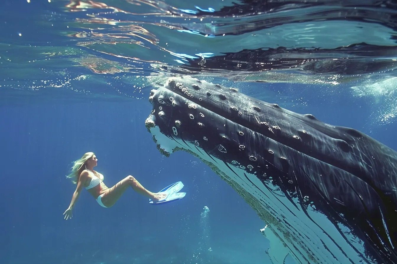 Une baleine géante ne laisse pas un plongeur tranquille