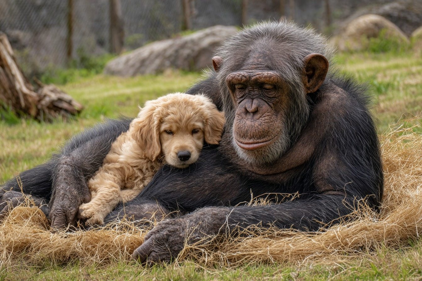 Un chiot se glisse dans l’enclos des chimpanzés – Ce que les gardiens voient ensuite est stupéfiant !