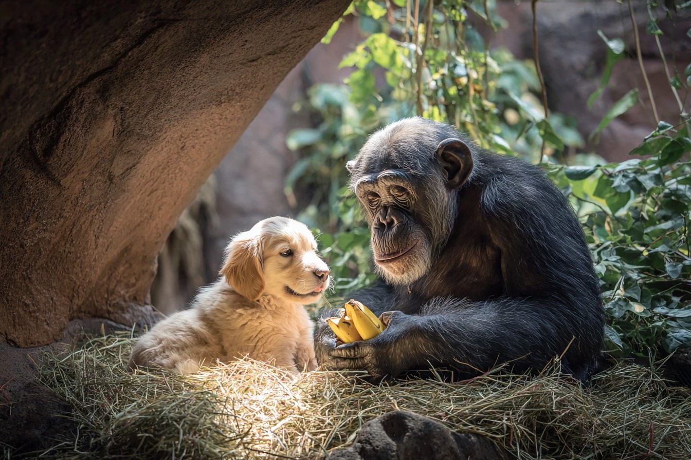 Un chiot se glisse dans l’enclos des chimpanzés – Ce que les gardiens voient ensuite est stupéfiant !