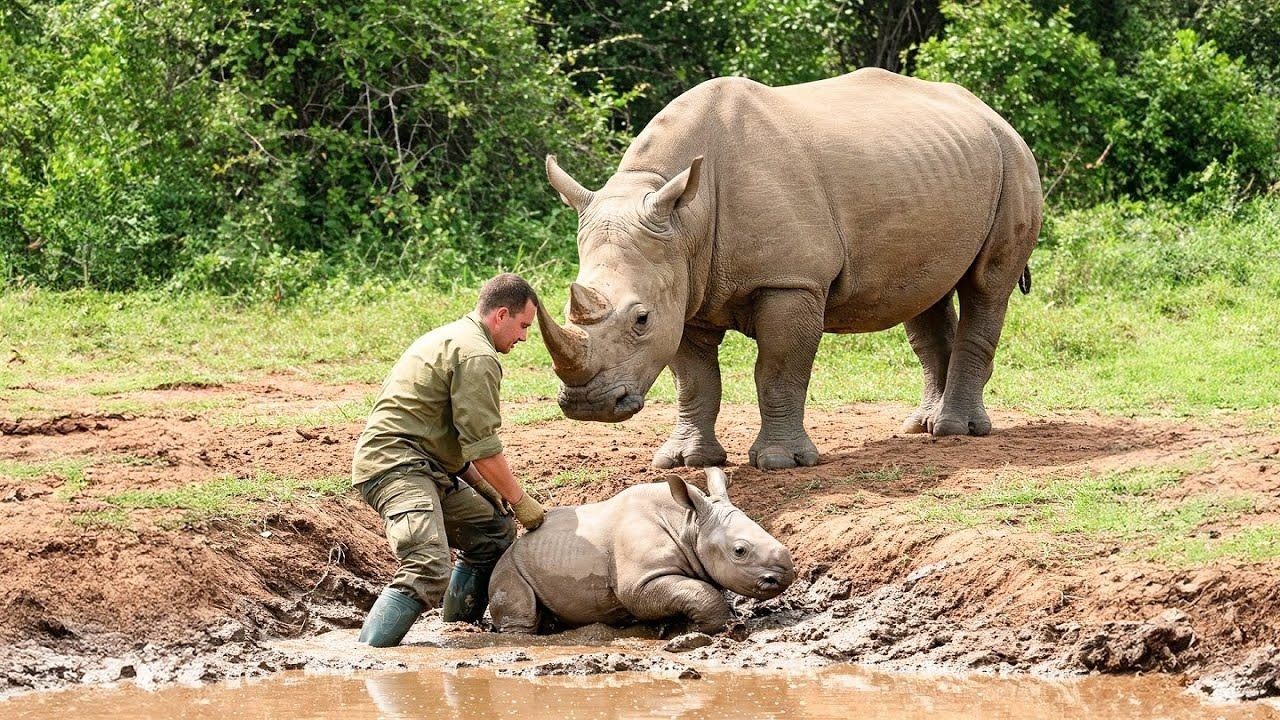 Muž se snaží dostat mládě nosorožce ze silnice. Když se přiblíží, uvědomí si, že něco není v pořádku ➤ Buzzday.info